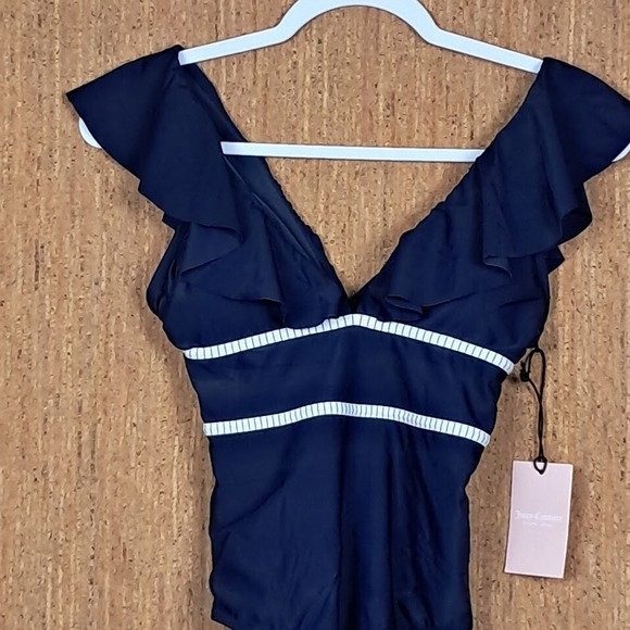 JUICY COUTURE‎ Sz S 1 Piece Swimsuit Deep Ruffle V-Neck & Back Navy Blue NWT $98 - Picture 3 of 9